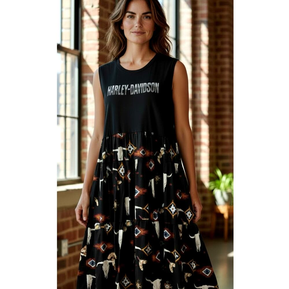 Harley Davidson Western Upcycled Sleeveless T-Shirt Maxi Skirt Dress